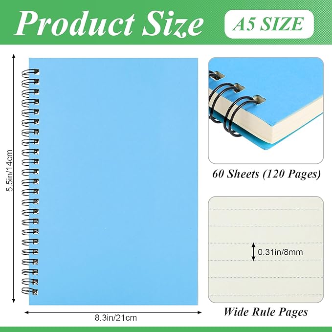 Leelosp 12 Pack Small Spiral Notebook A5 Lined College Ruled Spiral Journal Notebook 5.5 x 8.3 Inch Kraft Cover, 120 Pages for Work Students Office Business(Colorful)