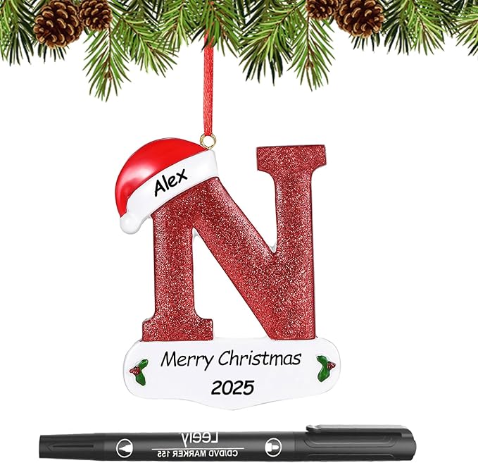 Personalized 26 Letters Ornaments for Christmas Tree 2025, Custom Christmas Ornament with Family Member's Names 3D Resin Xmas Hanging Pendant Original Gifts for Family Friends(N)