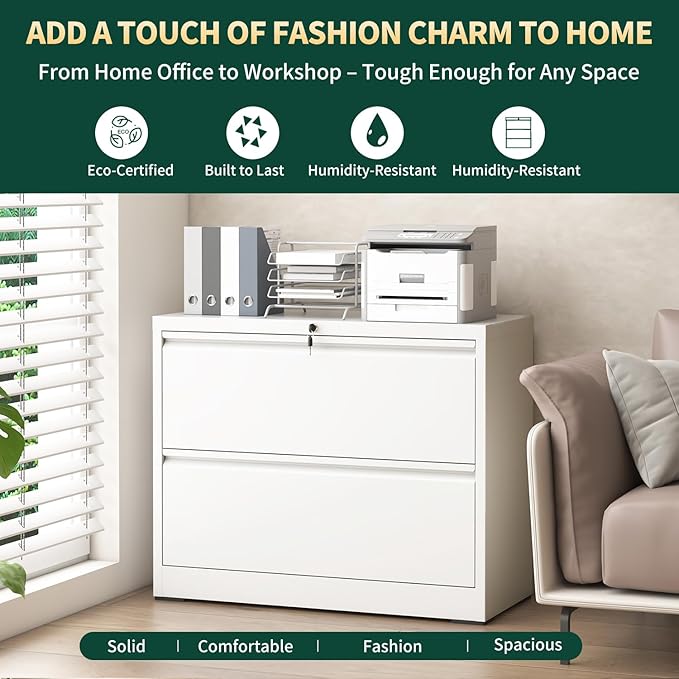Lateral File Cabinet with Lock, Metal File Cabinets for Home Office Legal/Letter A4 Size, File Cabinet with 2 Drawer Storage Cabinet, Require Assembly, White