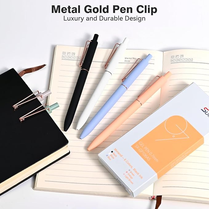 SUIN Gel Pens - Pack of 6, 0.7mm Black Ink, Retractable Rolling-Ball Gel-Pens, Medium Fine Point for Smooth Writing - Cute Office and School Supplies, Ideal Gifts for Women