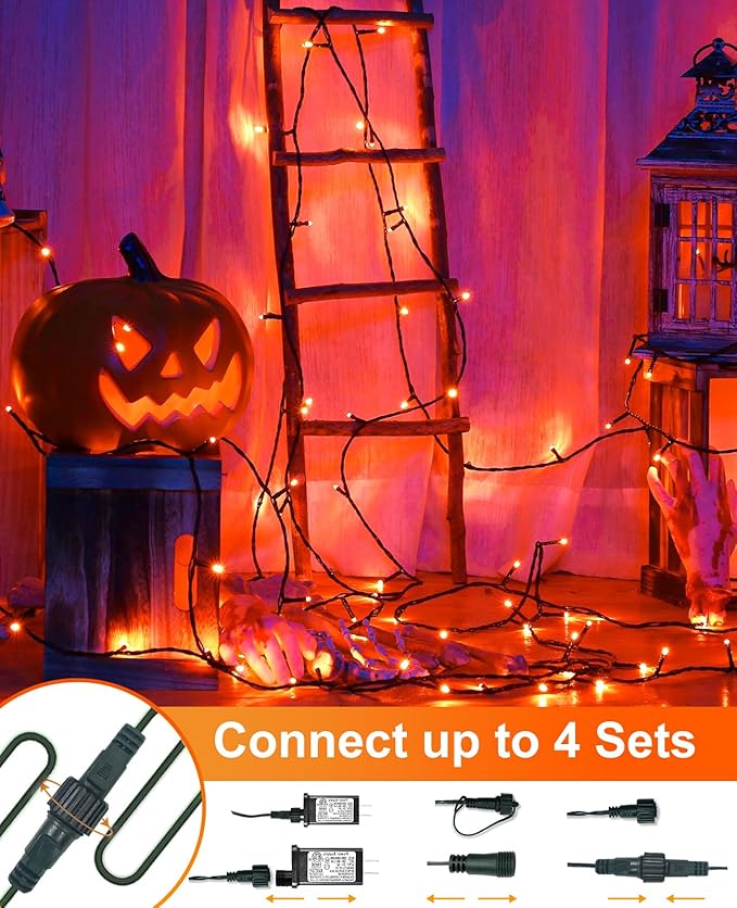 Orange Christmas Lights Outdoor, 80FT 240 LED Christmas Tree Lights Waterproof Plug in, 8 Modes Connectable Christmas Decorations Green Wire for Indoor Room Tree House Party