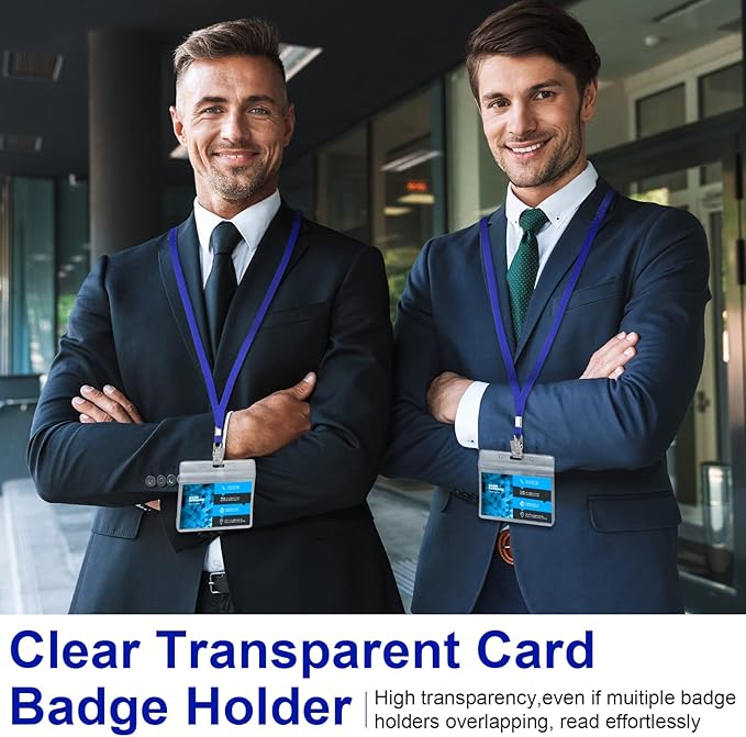 Marspark 100 Sets Clear Name Tags with Lanyard, Lanyards for ID Badges Reusable Strap with ID Holder Plastic Name Badges for Adults Business School Church Conference (Blue)