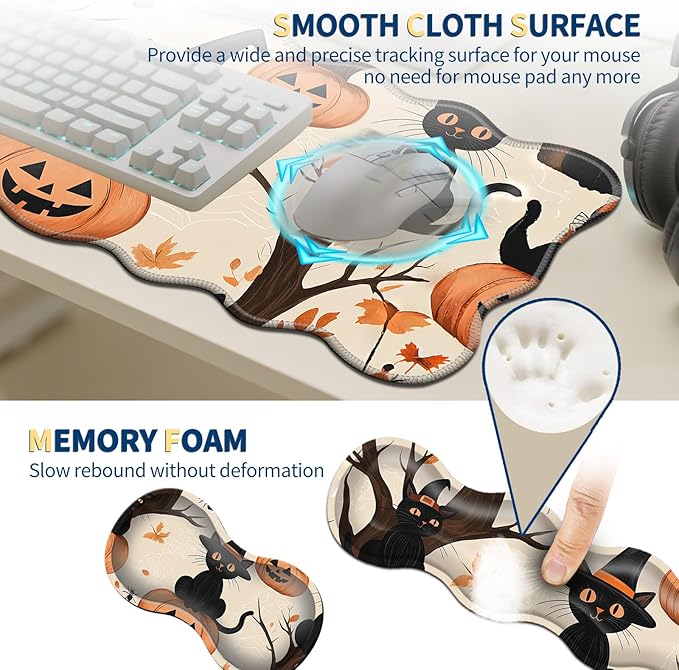 4-Piece XXL Gaming Mouse Pad Set (31.5"x11.8") with Keyboard Wrist Rest,Mouse Wrist Support & Coaster,Ergonomic Non-Slip Desk Mat for Office & Home,Black Cats Pumpkins