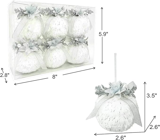 Nature Vibe Set of 6 Faux Fur White Christmas Ornaments Box Pack,Christmas Balls with Silver Accent as Christmas Tree Decorations or Winter Wonderland Decorations