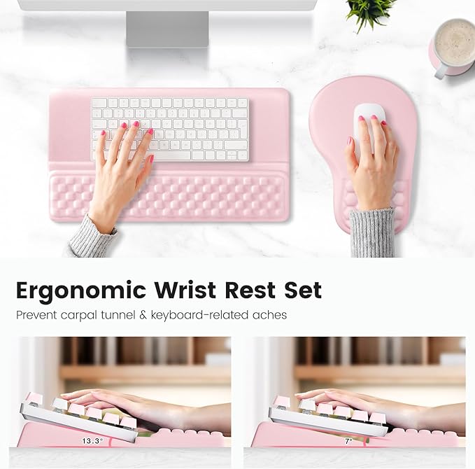 Ospelelf Ergonomic Mouse Pad and Keyboard Stand Wrist Rest Set, Memory Foam Comfort, Pain Relief for Typing, Office Desk Accessories, Pink