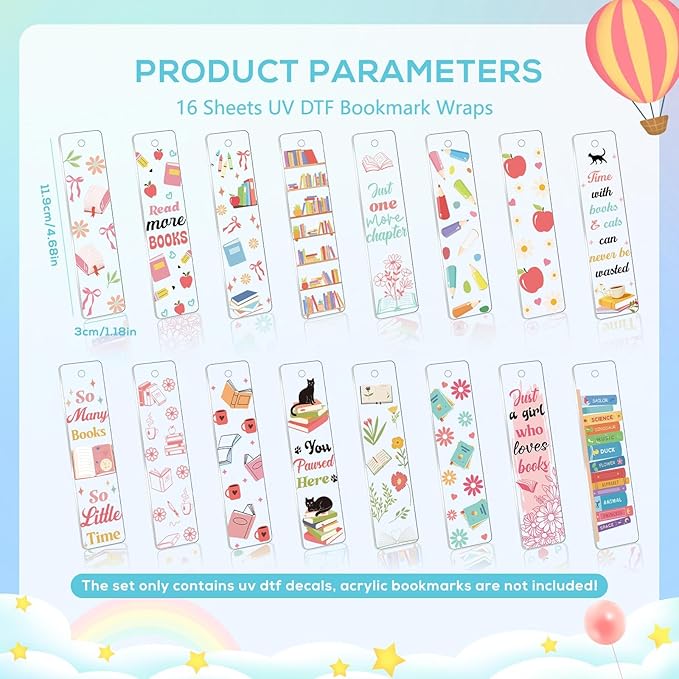 Luvsweeets UV DTF Bookmark Stickers - 16 Sheets Book Lover UV DTF Decals for Acrylic Bookmarks Waterproof Bookish Rub on Transfer Stickers UVDTF Wraps for DIY Blank Bookmarks Teacher Gifts