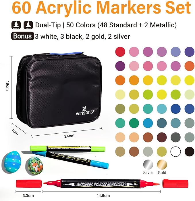 Acrylic Paint Pens, Dual Tip 60 Acrylic Markers with Brush Tip and Fine Tip, Art Supplies for Rock Painting, Wood, Canvas, Glass, Stone, DIY Crafts Drawing Kit with Bag