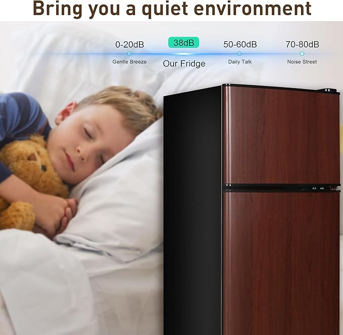 Mini Fridge with Freezer, 3.3 Cu. Ft. Double-Door Small Refrigerator with Adjustable 7-Level Thermostat & Separate Freezer, Dorm Fridge Compact for Kichen, RV, Office, Apartment, Wood