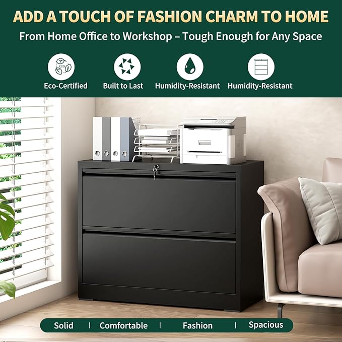 2 Drawer Lateral File Cabinet with Lock, 26.77“W File Cabinets for Home Office Legal/Letter A4 Size, File Cabinet Storage Cabinet,Require Assembly, Black