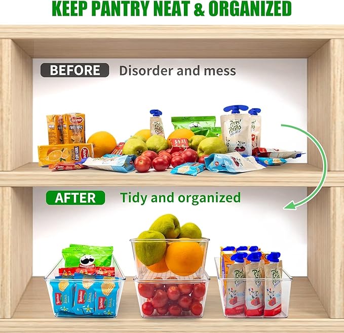 Pantry Organizers and Storage,Kitchen Organizers and Storage for Fridge,Drawer and Refrigerator - Spice Organization for Cabinet,Clear Plastic Stackable Storage Organizer Bins with 3 Dividers (3 Pcs)