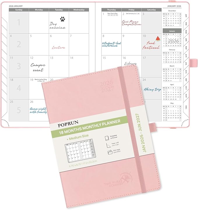 POPRUN Monthly Planner 2026-2027 (Medium- 6.5'' x 8.5'' Soft Cover), 18-Month Calendar Book (Jan.2026 - Jun. 2027), Calendar Planner with Monthly Tabs & Pocket, 100 GSM Paper - Pink