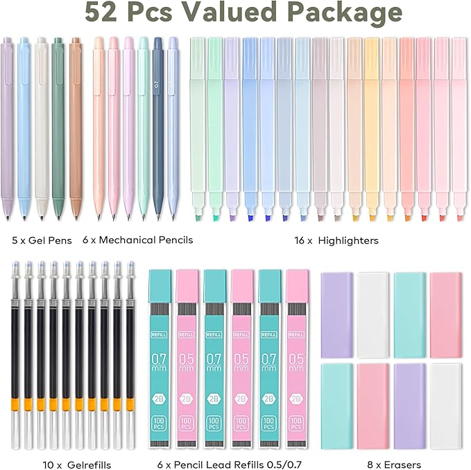 52 PCS Aesthetic School Supplies with Cute Pencil Case, Stationery Essentials with Pens Pencils and Pastel Highlighters Set,College Back to School Supplies for Teen Girls,Pastel Office Supplies-Green