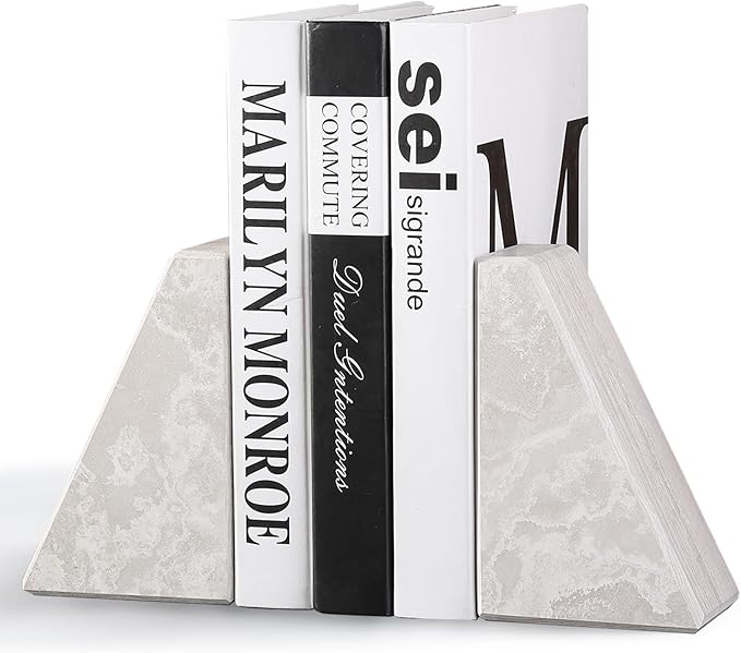 Marble Bookends for Heavy Books, Decorative Book Ends for Shelves, Durable and Heavy-Duty Bookends for Hardback Book & CDS, Off-White Unique Books Stopper & Holder, Set of 2