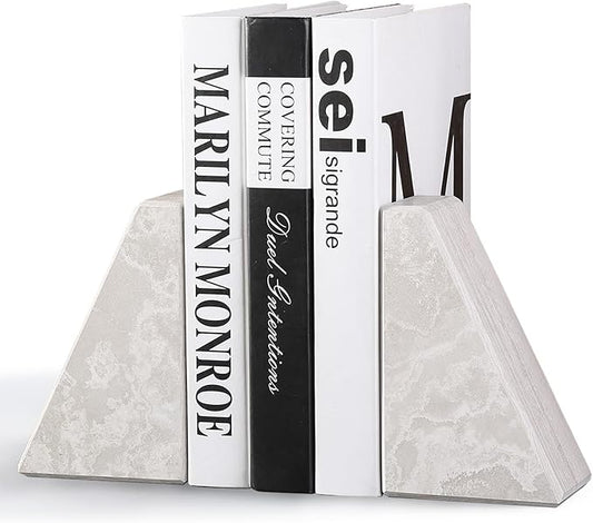 Marble Bookends for Heavy Books, Decorative Book Ends for Shelves, Durable and Heavy-Duty Bookends for Hardback Book & CDS, Off-White Unique Books Stopper & Holder, Set of 2