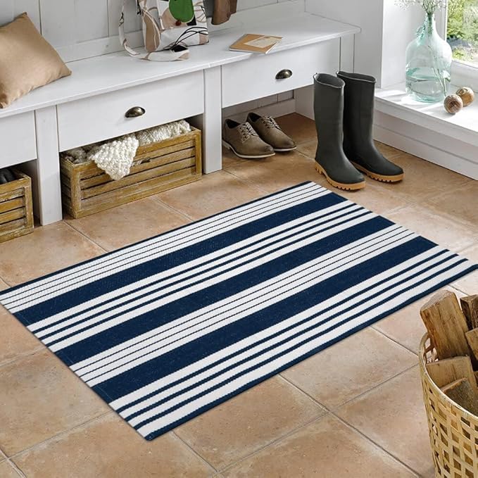 OJIA Entryway Rug 24''x51'', Machine Washable Christmas Front Door Mat Cotton Woven Blue and White Outdoor Rugs Porch Rug Striped Kitchen Runner Indoor Door Mat for Farmhouse/Entry/Home Entrance