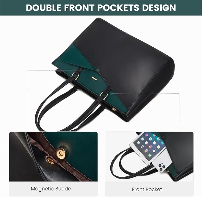 LOVEVOOK Laptop Bag for Women 15.6 Inch Tote Bags Waterproof Leather Briefcase Computer Women Business Office Work Bag,Black/Green
