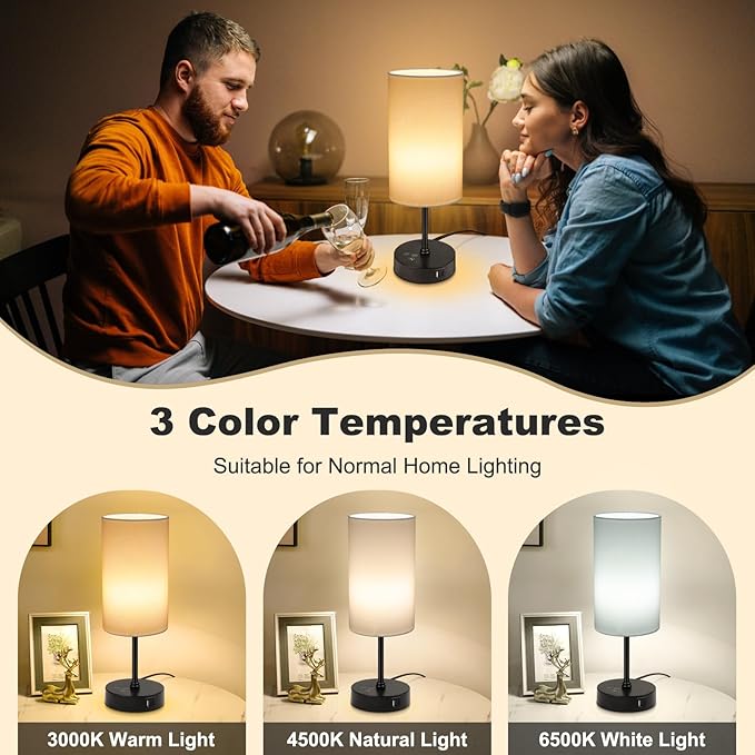 Unicozin Table Lamp,3 CCT 3000K/4500K/6500K & RGB Color Changing,Stepless Dimmable Touch Control Bedside Lamp for Reading,Ambience Nightstand Light for Home Decor Party,White Shade