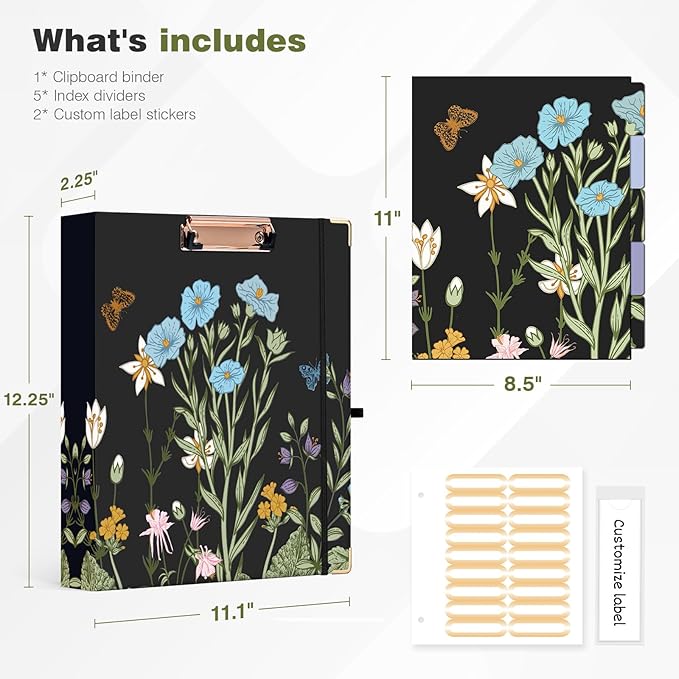 Ospelelf 3 Ring Binder 1.5 Inch, Floral Round Ring Clipboard Binder with 5 Tab Dividers for Letter Size Documents, for School and Office Supplies, Moonlit Blossoms