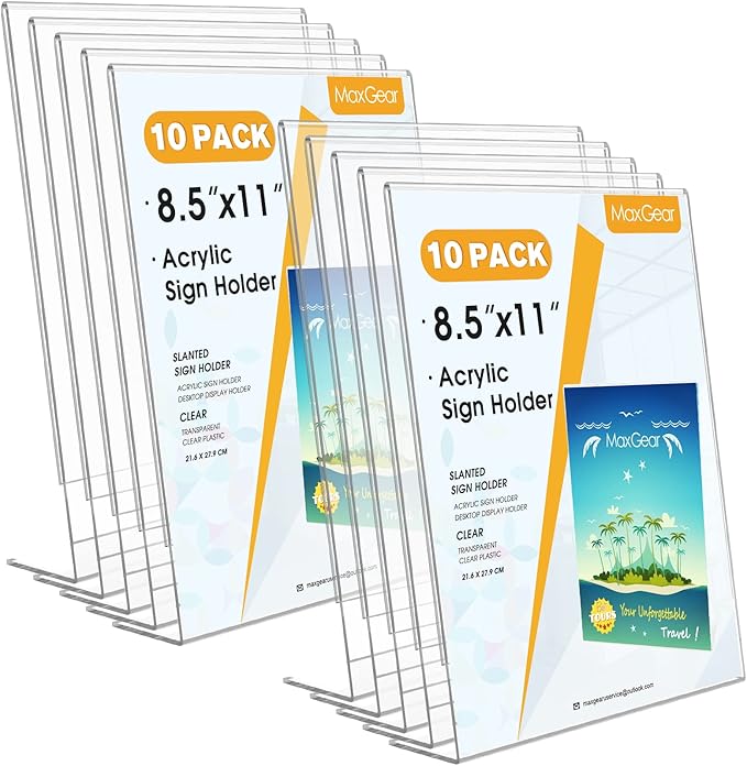 MaxGear Sign Holder 8.5x11 inches, Acrylic Sign Holder Slant Back Sign Holder Clear Sign Holder Plastic Paper Holder Table Top Sign Holder Plastic Display Stand for Office, Store, 10 Pack
