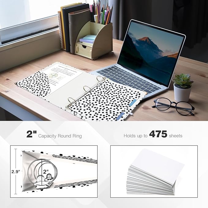 Ospelelf 3 Ring Binder, 2 Inch Letter Size (11" x 8.5") with 5 Tab Dividers, File Folder Labels and Low Profile Clipboards, Polka Dots Binder for School and Office Supplies