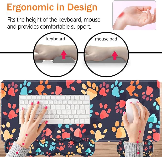 Large XXL Gaming Desk Mat 31.5"x 11.8", Ergonomic Keyboard Wrist Rest & Mouse Pad Wrist Rest + Coaster Set, Non-Slip Base, Memory Foam, Office and Home, Color Dog Paw Prints