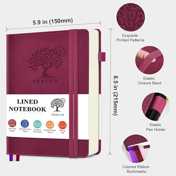 Lined Journal Notebook for Men & Women, 160 Pages College Ruled Journal for Writing, A5 Hardcover Leather Notebooks for Work, School, Business, Travel, Daily Diary 5.9" x 8.5" - Burgundy