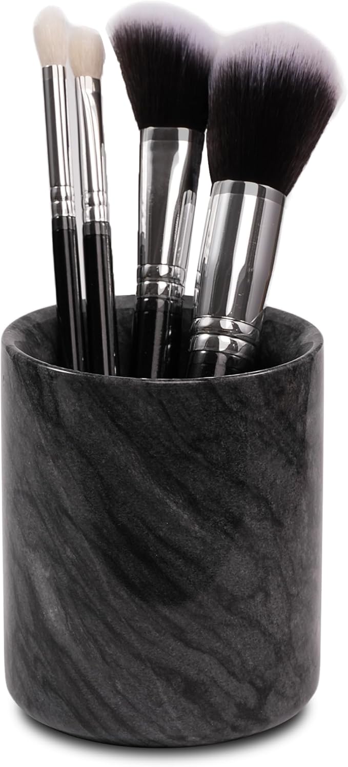 Marble Toothbrush Pen Holder - Black Pencil Cup for Office Desk Aesthetic, Toothpaste Makeup Brush Organizer for Bathroom Sink Vanity Accessories, Utensil Container for Kitchen Countertop