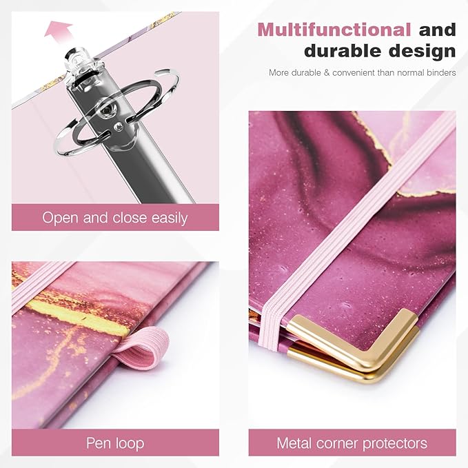 Ospelelf 3 Ring Binder, 2 Inch Letter Size (11" x 8.5") with 5 Tab Dividers, File Folder Labels and Low Profile Clipboards, Pink Marble Binder for School and Office Supplies