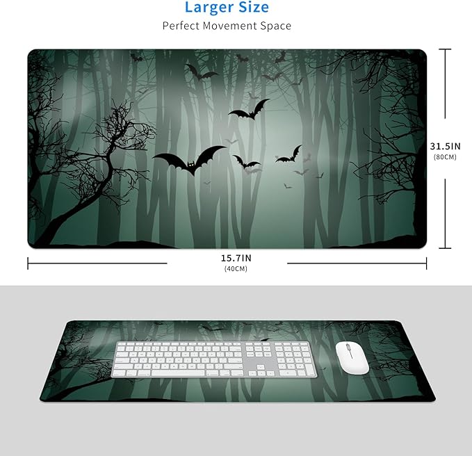 MAYCARI Halloween Cute Bat Mouse Pad Kawaii Cartoon Funny Spirit Extended Desk Mat Non-Slip Rubber Baseb Large Green Mousepad for Desk Gaming Laptop Desktop 31.5"X15.7"