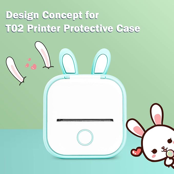 Memoking T02 Protective Case-Bunny Ears Shape Soft Silicone BPA-Free Cute Design Printer Cover, Compatible with T02 Mini Bluetooth Wireless Portable Mobile Pocket Printer, Green