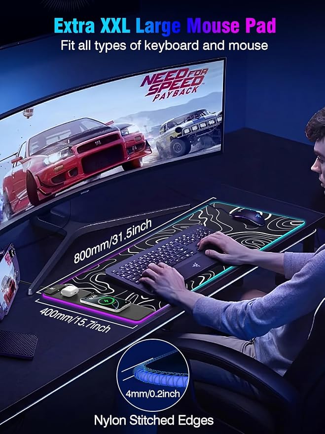 Mouse Pad with Magnetic Wireless Charging, Large Desk Pad Protector, RGB Black Mousepad Desk Mat with 15W Fast Charger, 4mm Thick Non-Slip, Waterproof Laptop Writing Pad for Office, Home, Gaming