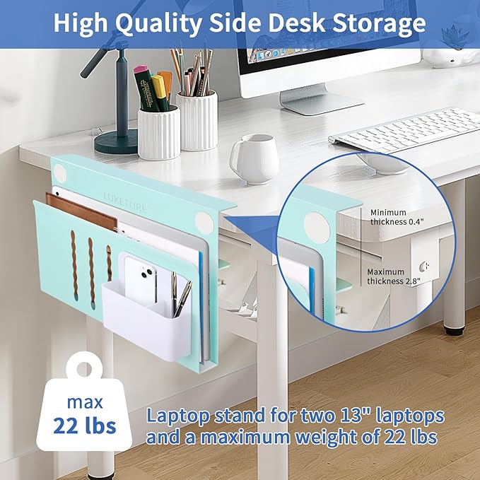 LUKETURE Desk Side Storage, Steel Hanging Organizer, No Drill Laptop Holder with Pen Holder, Side Desk Organizer, Space Saving Table Accessories for Home Office Workspacee (Blue, M(1 Tier))