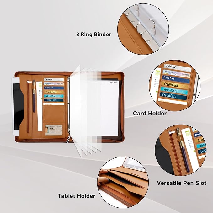 Padfolio Portfolio Folder Binder-Organizer Planner Notebook Zippered Portfolio Padfolio for Women & Men with Document Sleeve,Letter/A4 Size Clipboard,Business Card Holders (Brown-3)