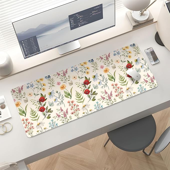 Mousepad Desk Mat Gaming Large Keyboard Cute Office Desktop Computer Laptop XXL Long Big Kawaii Aesthetic Girly Pretty Design Women Girl Gamer Oversized Wide 30x12'' Mousepad, Plant Flower