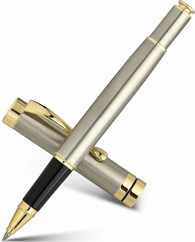 BEILUNER Ballpoint Pens, Stunning Silver Chrome Metal Pen with Golden Trim, Best Ball Pen Gift Set for Men & Women, Professional, Executive, Office, Nice Pens-Gift Box with 0.5mm Extra Black Refill