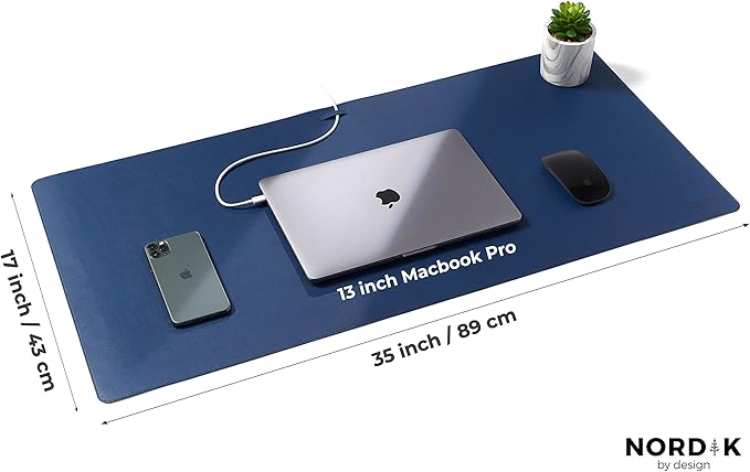 Nordik Leather Desk Mat Cable Organizer (Midnight Blue 35 x 17 inch) Premium Extended Mouse Mat for Home Office Accessories - Felt Vegan Large Leather Desk Pad Protector & Desk Blotter Pads Decor