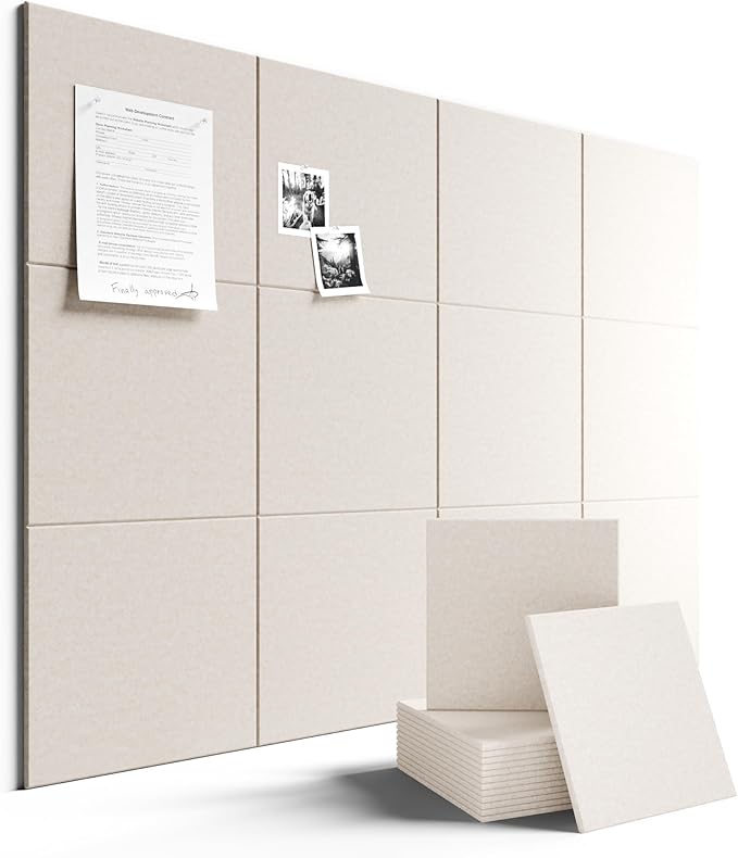 Felt Bulletin Board Tiles Large 48" x 36" Cork Board Alternative-12 Pack with 70 Adhesive Tabs, Thick Slat Wall Panels for Office Decor, Push Pin Board Wall Organizer Alternative - Oatmeal