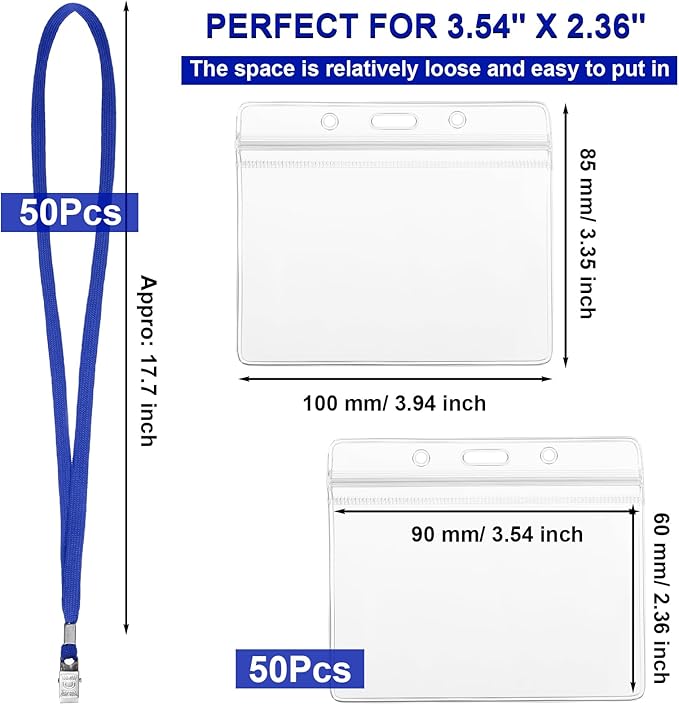 Marspark 50 Sets Clear Name Tags with Lanyard, Lanyards for ID Badges Reusable Strap with ID Holder Plastic Name Badges for Adults Business School Church Conference (Blue)