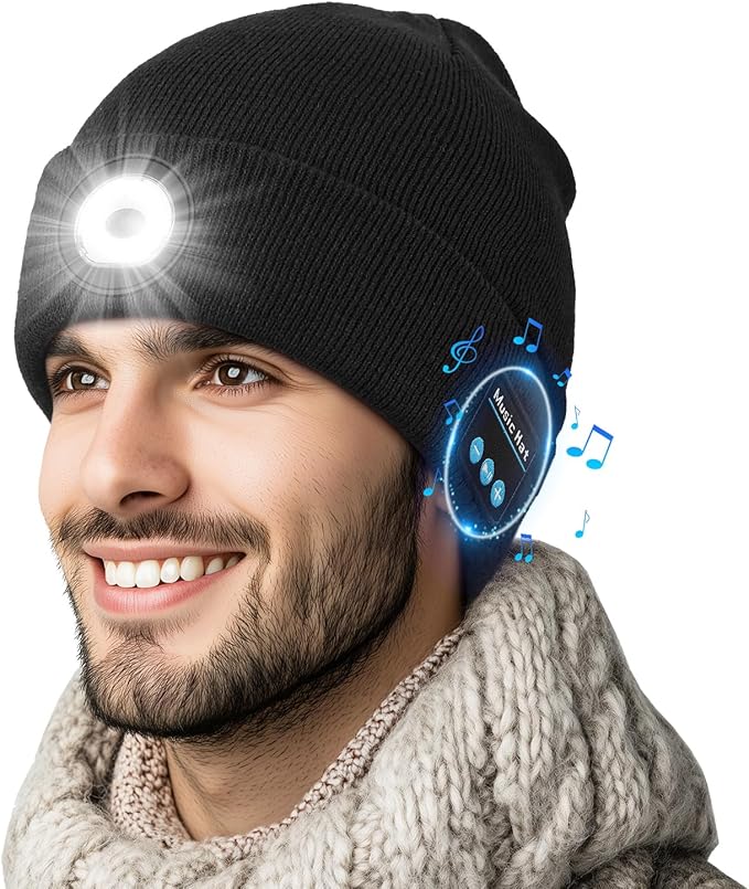 Bluetooth Beanie with Light, Headlamp Hat with Headphones and Built-in Speaker Mic, Unique Christmas Gifts for Men Husband