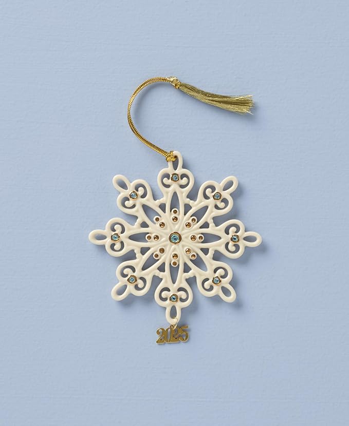 Lenox Ornament, 2025 Gemmed Snowflake Ornament, Porcelain with Gold Accents and Blue Gemstones, Christmas Tree Decorations, Christmas Decoration, Gold Cord for Hanging Included (Cream, 1 Piece)