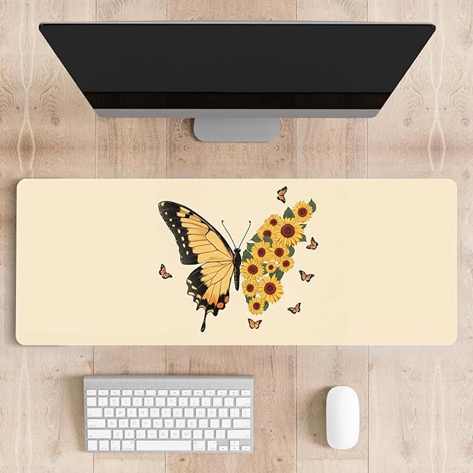 Mousepad Desk Mat Gaming Large Keyboard Cute Office Desktop Computer Laptop XXL Long Big Kawaii Aesthetic Girly Pretty Design Women Girl Gamer Oversized Wide 30x12'', Sunflower Butterfly