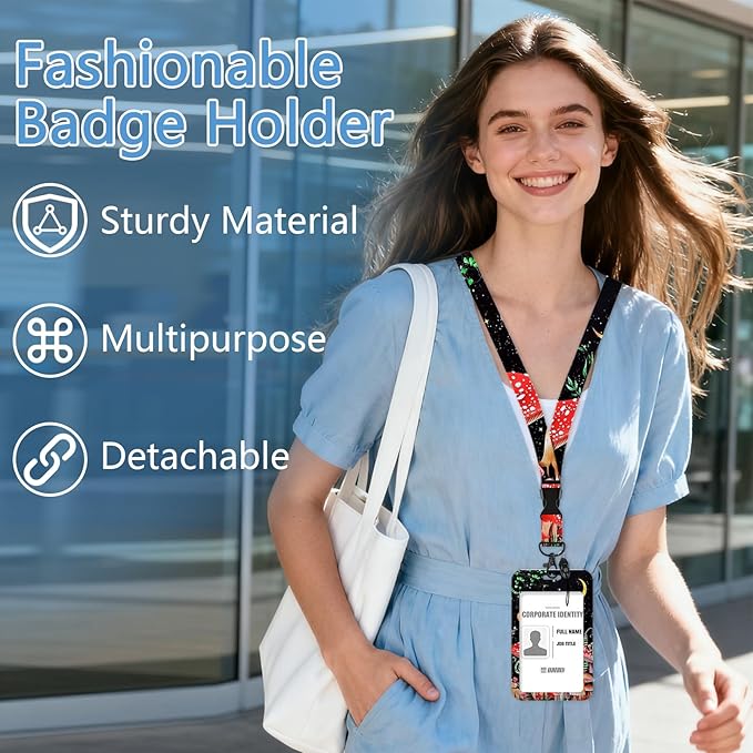 Mushroom Lanyards with Id Holder, Butterfly Moon ID Badge Holder with Retractable Lanyard, ID Holder with Badge Reel Clips, Name Tag ID Card Holder Teacher Women Doctor Office Gift