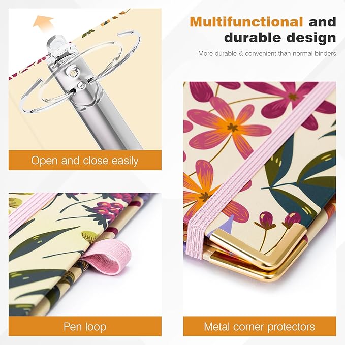 Ospelelf 3 Ring Binder for Letter Size Paper with 5 Tab Dividers, 3 Inch Ring, 4.4 Inch Spine, Floral Binder with Clip for School and Office Supplies