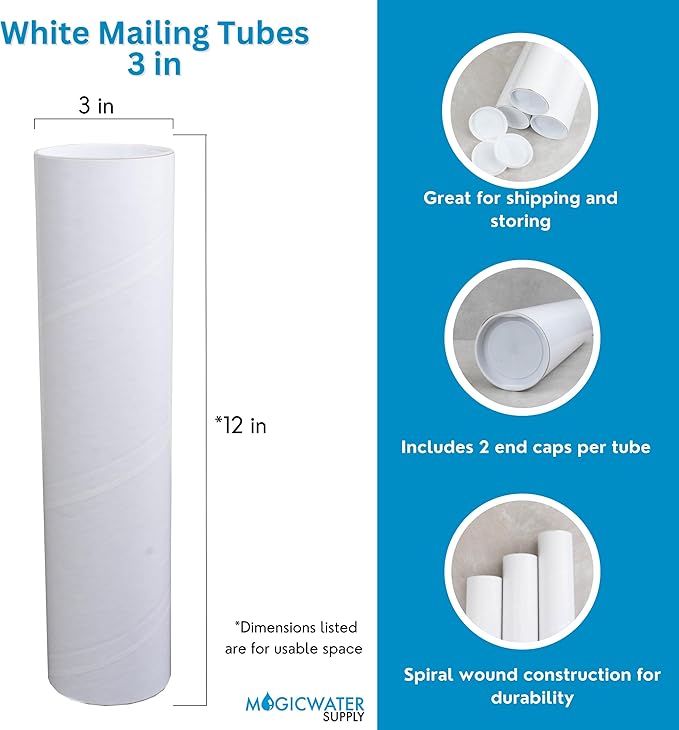 MagicWater Supply Mailing Tube 3 in x 12 in White - 2 Pack - for Shipping and Storage of Posters, Arts, Crafts, and Documents