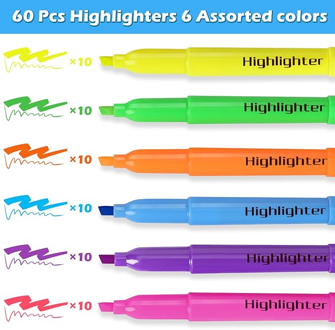 Highlighters Bulk, Chisel Tip Dry-Quickly Highlighter Markers, 60 Count-6 Assorted Colors Highlighters Bulk Pack for Adult Kids, Teachers Supplies for School, Classroom Must Have(Multicolour, 60)