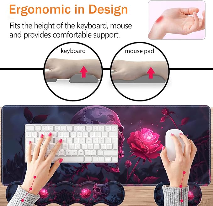 Large XXL Gaming Desk Mat 31.5"x 11.8", Ergonomic Keyboard Wrist Rest & Mouse Pad Wrist Rest + Coaster Set, Non-Slip Base, Memory Foam, Office and Home, Rose Skull