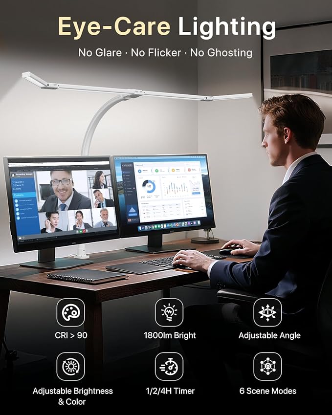 ONEMIX 42" LED Desk Lamp with Clamp, Architect Desk Light with Remote, Adjustable 4-Segment Bar, 1800LM Bright, Eye-Caring Desk Lamp for Home Office, Reading, Study, Dual Monitors, Workbench (White)