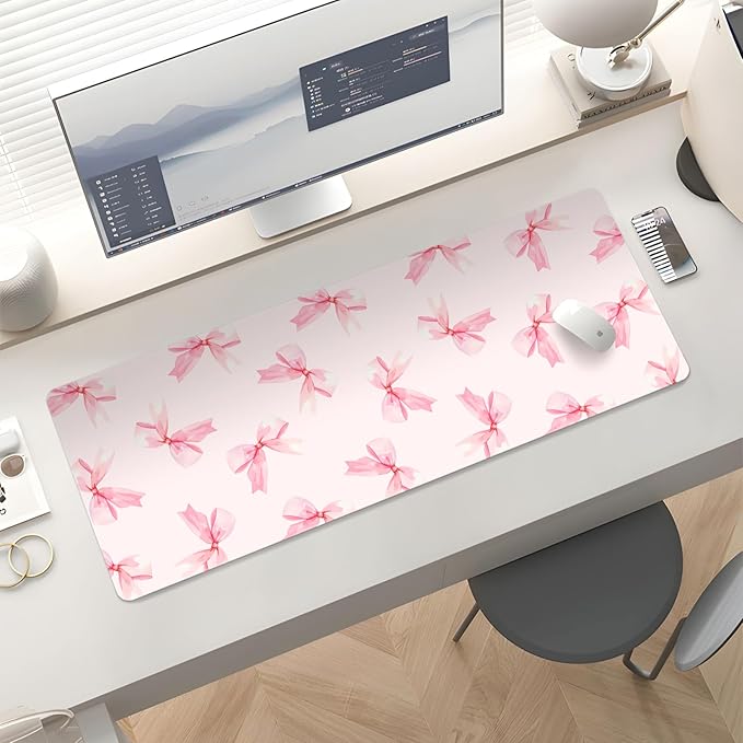 Mousepad Desk Mat Gaming Large Keyboard Cute Office Desktop Computer Laptop XXL Long Big Kawaii Aesthetic Girly Pretty Design Women Girl Gamer Oversized Wide 30x12'' Mousepad, Pink Bow
