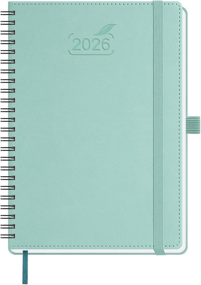 BEZEND 2026 Planner Weekly and Monthly (6" x 8.5" Spiral) Daily Calendar with Half-Hourly Timeslots & Tabs (Jan-Dec) Note & Expenses, Pen Holder, Inner Pocket, Vegan Leather Softcover - Mint Green