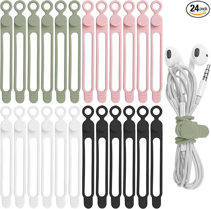 Nearockle 24Pcs Silicone Cable Straps Cord Organizer for Bundling Earphone, Phone Charger, Computer Cords, Reusable Cable Ties Wire Organizer in Home,Office,Kitchen,School (4 Colors)
